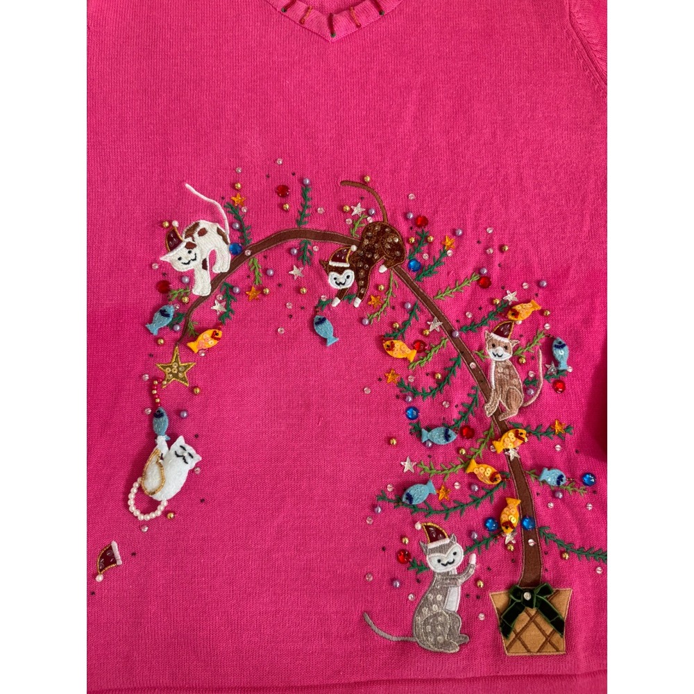 Quacker Factory Pink Cat Christmas Sweater XL Embroidered Beaded Holiday V-Neck - Picture 3 of 8